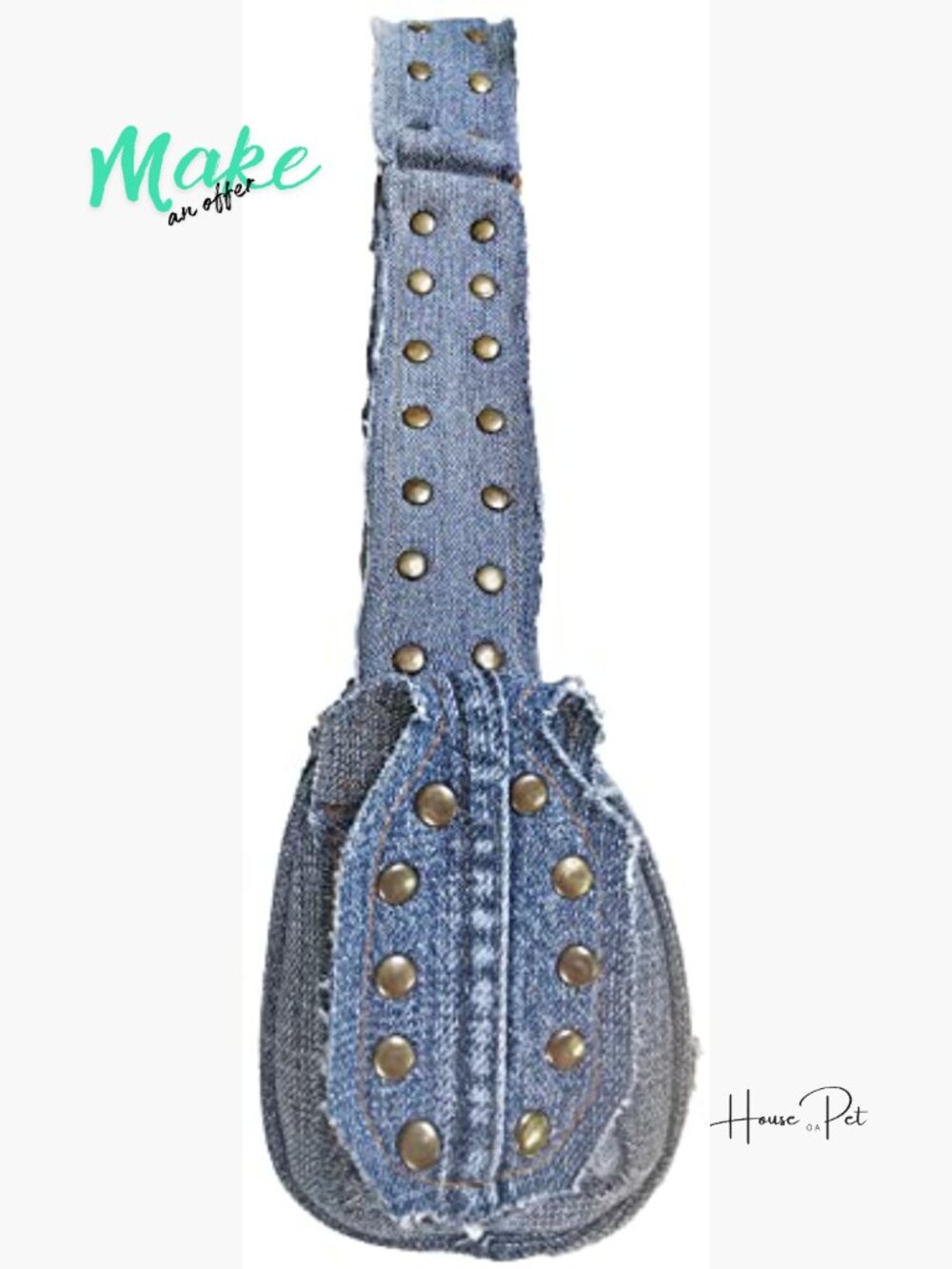 Upcycled Denim Barrel Shoulder Bag with Brass Rivet & Buckle Details - Picture 4 of 7